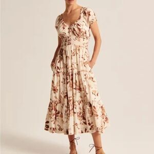 Abercrombie & Fitch Cap Sleeve Smocked Waist Midi Dress Brown Cream Sz Medium
